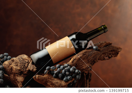 Unopened bottle of red wine, blue grapes, and old snag. 139199715