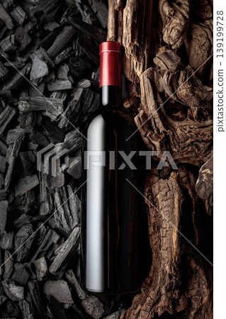 Bottle of red wine against a backdrop of charcoal and dry snags. Bottle of red wine against a backdrop of charcoal and dry snags. 139199728
