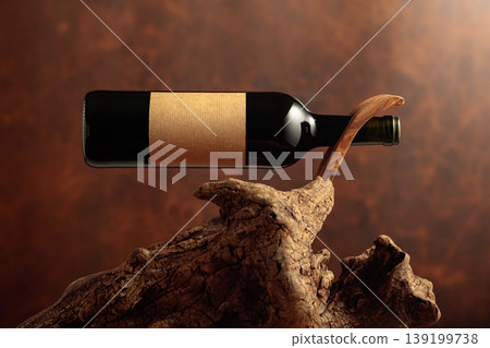 Bottle of red wine with empty paper label. Bottle of red wine with empty paper label. 139199738