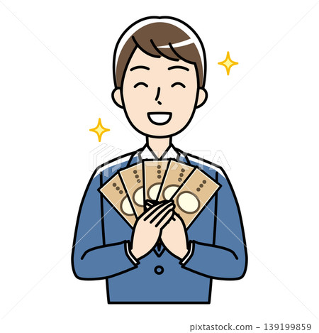Illustration of a young man in a suit holding money with a smile. Illustration of a young man in a suit holding money with a smile. 139199859
