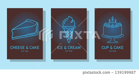 Neon Bakery Posters Set: Cheesecake, Ice Cream, and Birthday Cake Line Art Neon Bakery Posters Set: Cheesecake, Ice Cream, and Birthday Cake Line Art 139199987