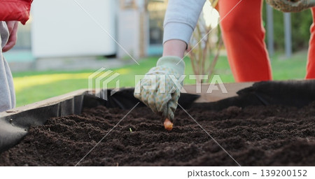 Young woman and boy plants onions at her backyard garden. Growing organic food near home. Young woman and boy plants onions at her backyard garden. Growing organic food near home. 139200152