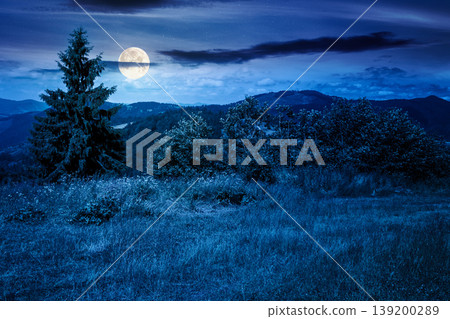 mountainous countryside landscape in summer at night. full moon over grassy field on a hillside. view of a forested mountain ridge in the distance. mysterious weather with cloudy sky 139200289