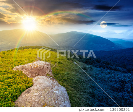 summer solstice landscape of alps. day meet night. sun and moon over hillside meadows in mountain scenery. countryside highland view from the top of a hill. nature background with green slope summer solstice landscape of alps. day meet night. sun and moon over hillside meadows in mountain scenery. countryside highland view from the top of a hill. nature background with green slope 139200291