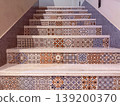 Decorative staircase with colorful patterned tiles, geometric motifs, and artistic design. Interior detail highlighting cultural style, craftsmanship, and vibrant ornamental steps in architectural 139200370