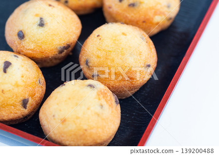 Chocolate chip muffins, close-up, on a wooden background. 139200488