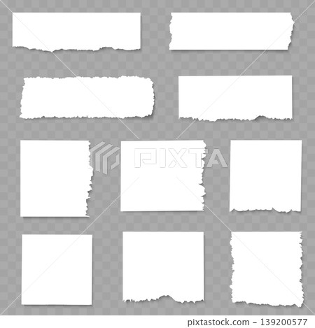 Realistic White Torn Paper Pieces Set. Vector Blank Ripped Edge Strips and Notes with Shadows. Realistic White Torn Paper Pieces Set. Vector Blank Ripped Edge Strips and Notes with Shadows. 139200577