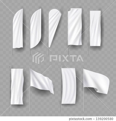 Realistic White Advertising Flag Mockup Set. Vector Blank Feather, Teardrop and Waving Textile Banner Templates. Realistic White Advertising Flag Mockup Set. Vector Blank Feather, Teardrop and Waving Textile Banner Templates. 139200580