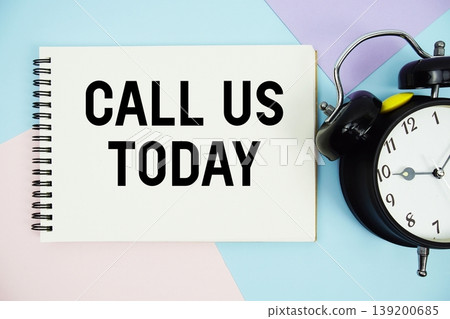 Call Us Today text written on notepad with alarm clock flat lay on multicolor pastel background Call Us Today text written on notepad with alarm clock flat lay on multicolor pastel background 139200685