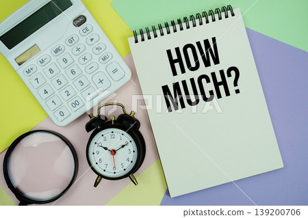 How Much? text with calculator, alarm clock and magnifying glass How Much? text with calculator, alarm clock and magnifying glass 139200706