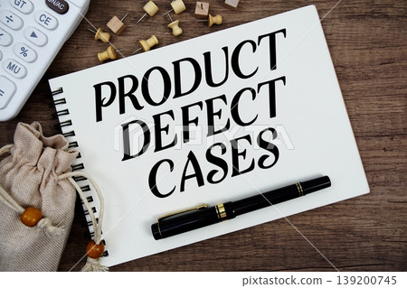 Product Defect Cases text written on notepad with pen, alarm clock, magnifying glass and calculator on wooden background 139200745
