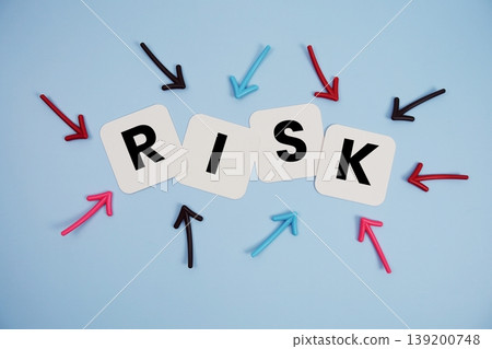 word "RISK" on cards with colorful arrows pointing toward it, highlighting the concept of prevention 139200748