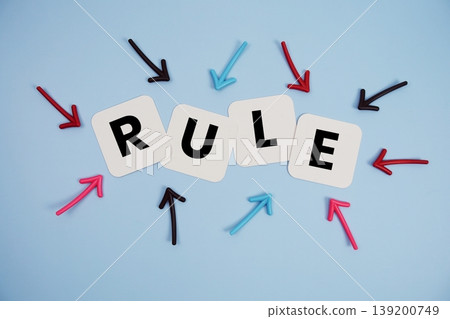 word "RULE" on cards with colorful arrows pointing toward it, highlighting the concept of discipline 139200749
