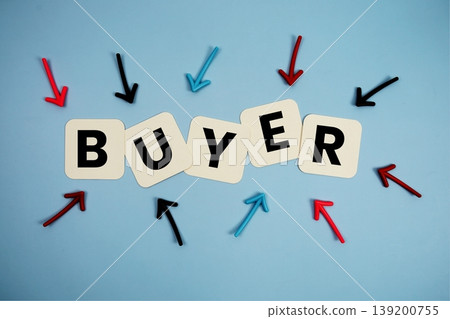 word "BUYER" on cards with colorful arrows pointing toward it, highlighting the concept of business word "BUYER" on cards with colorful arrows pointing toward it, highlighting the concept of business 139200755