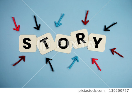 word "STORY" on cards with colorful arrows pointing toward it, highlighting the concept of communication word "STORY" on cards with colorful arrows pointing toward it, highlighting the concept of communication 139200757