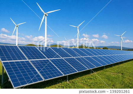 solar panels with wind turbines in the background under blue sky 139201261