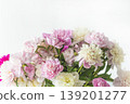 Happy birthday or mothers day greeting card templatie; bouquet of pink and white peony flowers on a white background; copy space 139201277