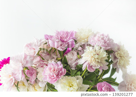 Happy birthday or mothers day greeting card templatie; bouquet of pink and white peony flowers on a white background; copy space Happy birthday or mothers day greeting card templatie; bouquet of pink and white peony flowers on a white background; copy space 139201277