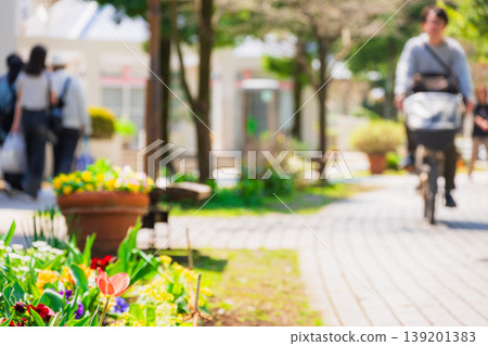 住宅區景象:一條住宅街道,兩旁種滿了花壇。 住宅區景象:一條住宅街道,兩旁種滿了花壇。 139201383