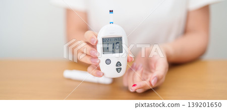 Hand checking Diabetes or Blood glucose self testing by digital blood glucose meter with lancet pen. high blood sugar level, World Diabetes Day, Glycemia, Hypoglycemia, Hyperglycemia and insulin 139201650