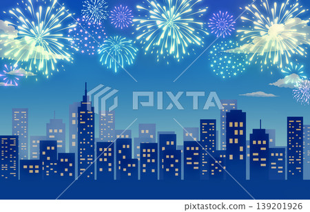 A background illustration featuring the silhouette of a cityscape and fireworks. A background illustration featuring the silhouette of a cityscape and fireworks. 139201926
