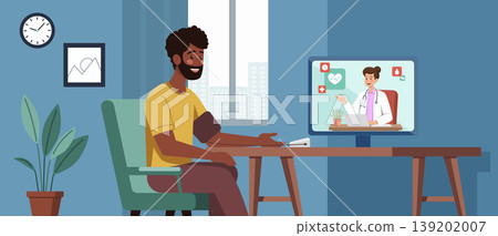 Dark Skinned Man Using Online Telemedicine Dark Skinned Man Using Online Telemedicine 139202007