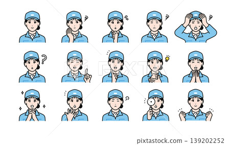 Factory, Manufacturing, Logistics, Transportation, Equipment, Maintenance: Young Female Worker Expression Icon Set 139202252