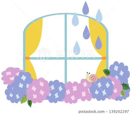 圖示插圖:雨水打濕的繡球花和一扇窗戶。 圖示插圖:雨水打濕的繡球花和一扇窗戶。 139202297