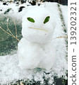 A small, handmade snowman with eyes made of fallen leaves 139202321