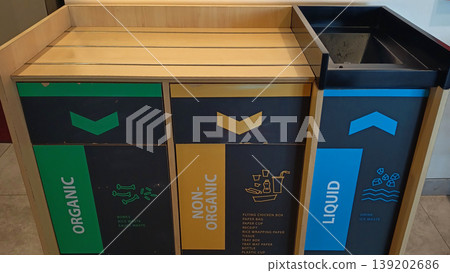 Separate organic, non-organic, and liquid waste in public areas. Separate organic, non-organic, and liquid waste in public areas. 139202686