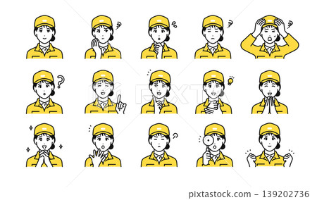 Vector icon illustration set of a female worker in her 20s working in a factory, manufacturing, logistics, transportation, equipment, and maintenance. 139202736