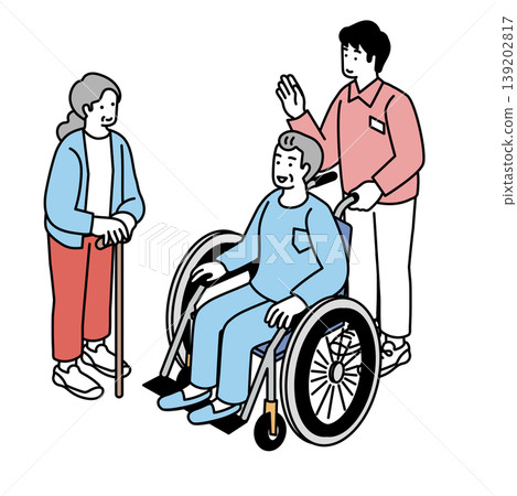 Illustration of an elderly person in a wheelchair and a caregiver. Illustration of an elderly person in a wheelchair and a caregiver. 139202817