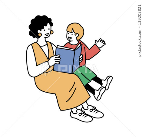 一幅描繪一位女士給孩子讀書的插圖。 一幅描繪一位女士給孩子讀書的插圖。 139202821