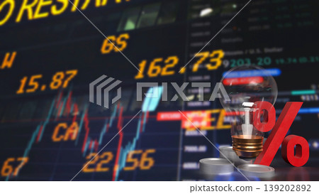 Interest Rate And Financial Innovation Concept With Percent Symbol Light Bulb And Stock Market Background 3d render. 139202892