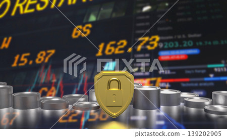 Secure Financial Protection Concept with Lock and Coins 3d render. Secure Financial Protection Concept with Lock and Coins 3d render. 139202905