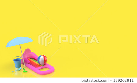 Colorful Summer Vacation Beach Accessories with Inflatable Float and Umbrella 3d render. Colorful Summer Vacation Beach Accessories with Inflatable Float and Umbrella 3d render. 139202911