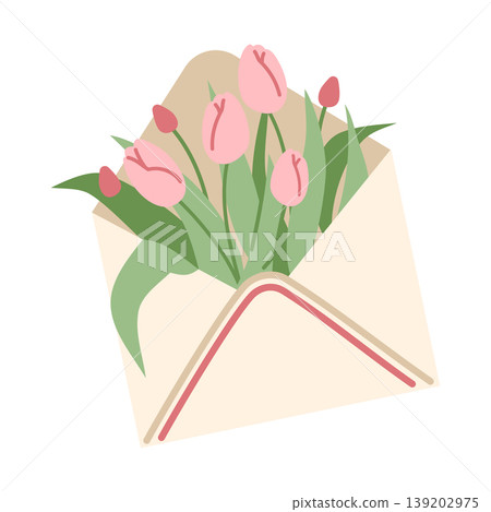 Tulips Bouquet in Envelope. Minimalist Spring Illustration Tulips Bouquet in Envelope. Minimalist Spring Illustration 139202975