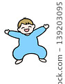 Illustration of a smiling baby boy in blue clothes with blonde hair. 139203095