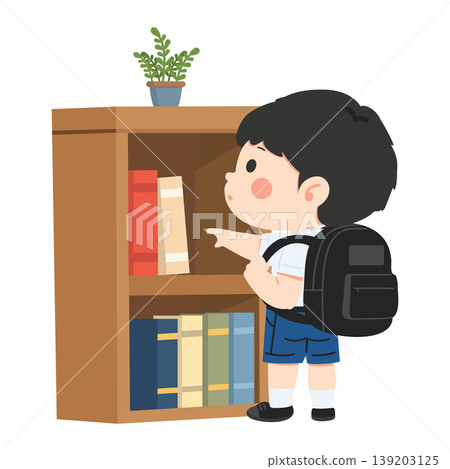 Boy Reaching For Book On Shelf In Library Boy Reaching For Book On Shelf In Library 139203125