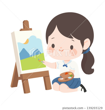 Girl Painting Landscape On Easel Showing Artistic Creativity Girl Painting Landscape On Easel Showing Artistic Creativity 139203129