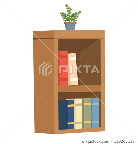 Wooden Bookshelf With Books And Plant In Home Interior Wooden Bookshelf With Books And Plant In Home Interior 139203132
