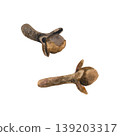 Dried clove buds, isolated. Hand drawn watercolor illustration of organic culinary ingredient for decorating winter drinks, medicines and cooking recipes. 139203317