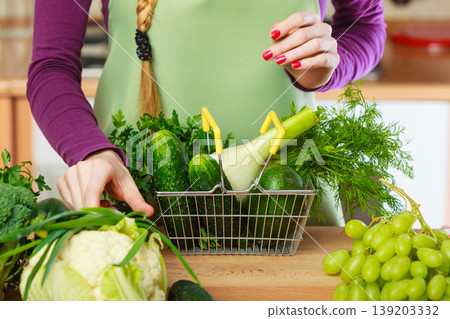 Woman in kitchen having vegetables holding shopping basket Woman in kitchen having vegetables holding shopping basket 139203332