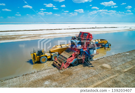 Aerial view captures heavy machinery operates on Lake Baskunchak extracting salt during a clear day mining operation Aerial view captures heavy machinery operates on Lake Baskunchak extracting salt during a clear day mining operation 139203407