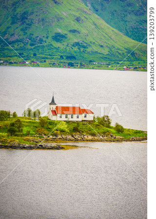 Fjord landscape with church. Lofoten Norway Fjord landscape with church. Lofoten Norway 139203799