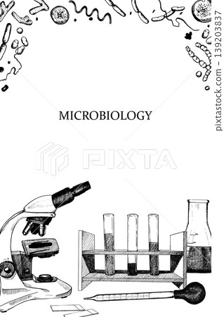 Microbiology instruments, equipment, and microorganisms in engraved style. A vertical frame for designing invitations, posters for scientific events, and training certificates. 139203837