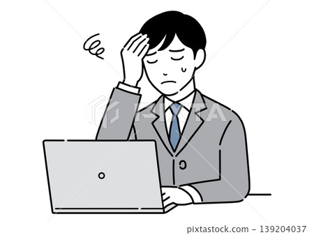 一位身穿西裝的年輕男子，雙手抱頭坐在電腦前；他是一名辦公室職員。 139204037