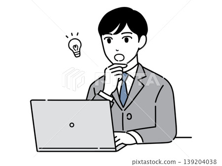 A monochrome illustration of a young man in a suit getting an idea while looking at a computer screen. 139204038