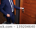 Close Up Of Business Traveler Opening Hotel Room Door With Electronic Key Card 139204640