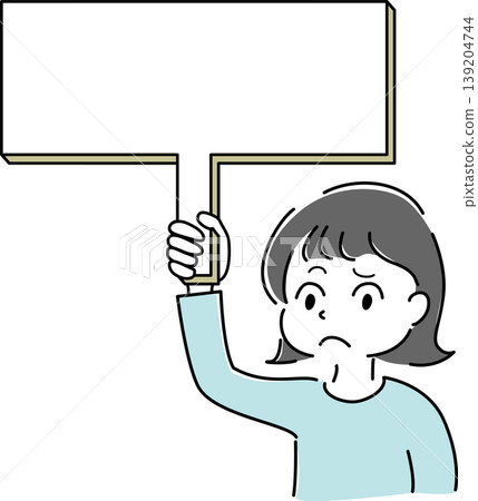 一幅簡單的插圖,描繪了一位表情憂慮的女性手持空白標語牌(訊息、訊息、廣告、人物)。 一幅簡單的插圖,描繪了一位表情憂慮的女性手持空白標語牌(訊息、訊息、廣告、人物)。 139204744